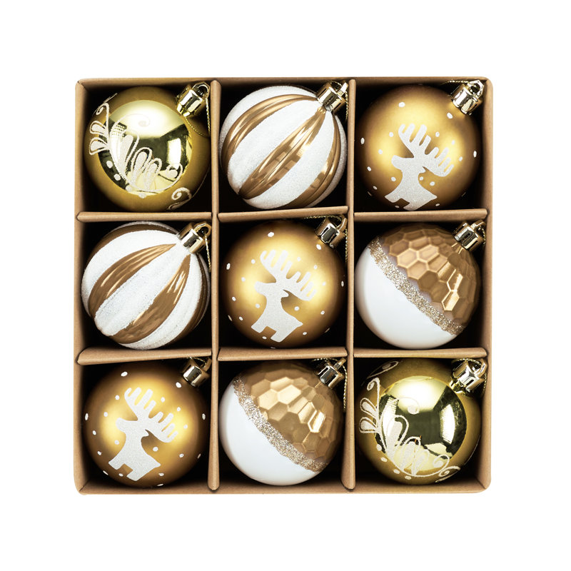 9ct 60mm Shatterproof  Christmas Ornaments,, Gold/White