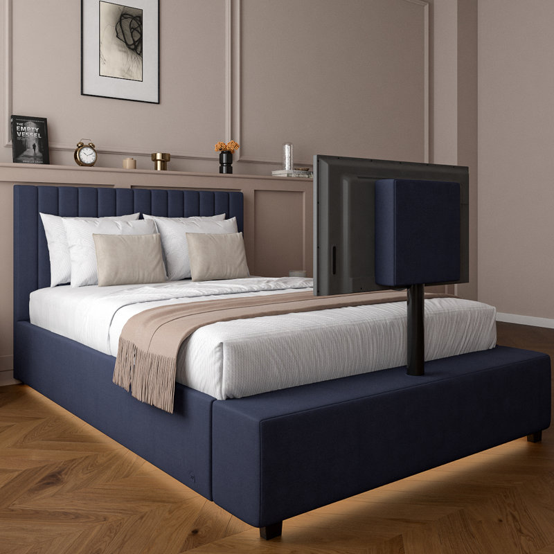 XR Living Maisie Fabric TV Bed with LED Lighting, Navy, Kingsize (5')