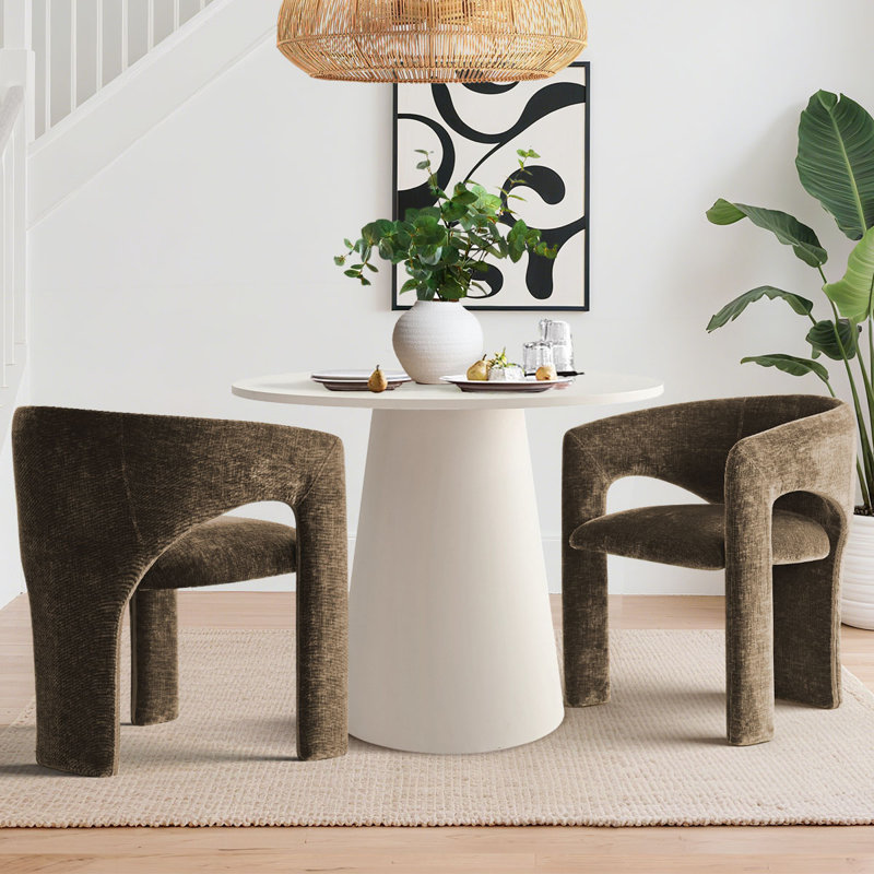 35" Round Pedestal Dining Set With Upholstered Chairs, Brown, White