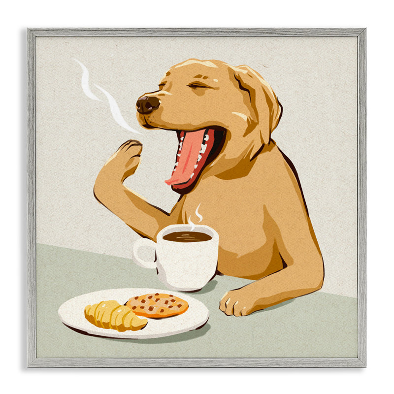 «Yawning Dog Morning Coffee», estampe numérique, conception de Ziwei Li, 24 po x 24 po, Giclée de ferme grise encadrée
