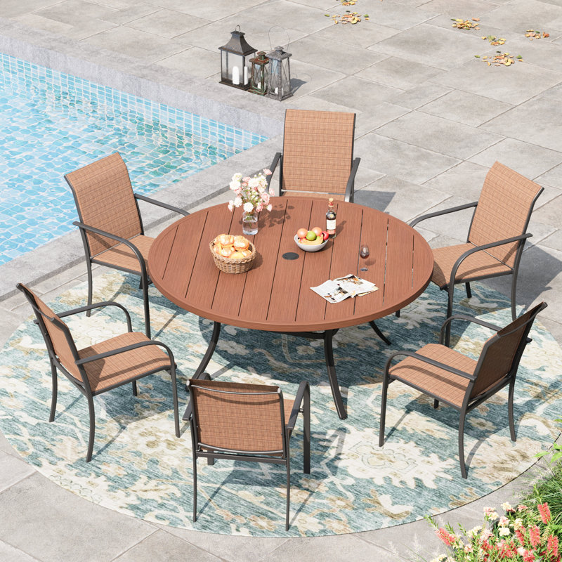 Ensemble de salle à manger de patio 6 personnes avec chaises empilables PVC-coated polyester, Brun / brun bois brossé