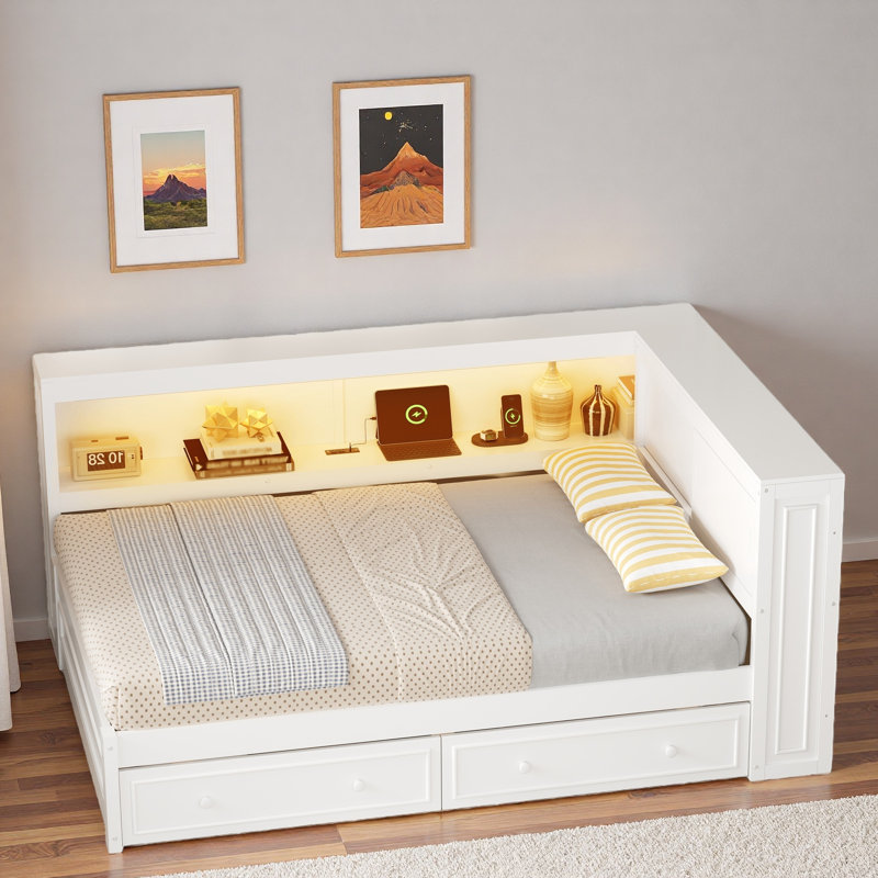 Lit de jour multiple avec tablettes de rangement, USB, DEL et 2 tiroirs, Blanc