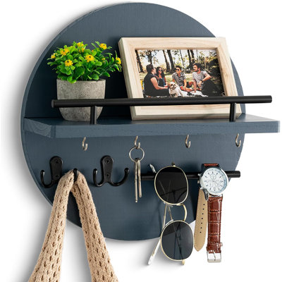 Key holder wall hanging with shelf and hook, navy colored wall mail organizer, decorative cute circular key holder, rural home decoration Bohemian style wall decoration