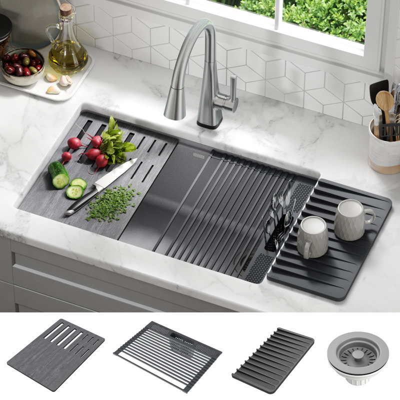 Dark Gray Granite Composite Workstation Kitchen Sink with Workflow Ledge