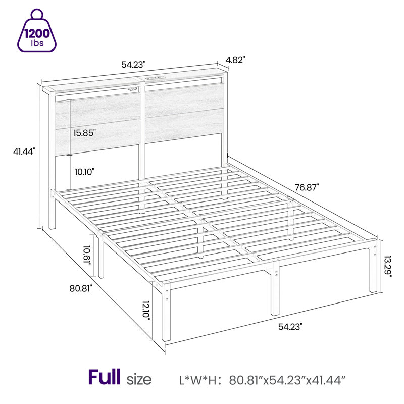 Deviana Metal Bed Frame with Headboard & Footboard and Charging Station, LED Light Included
