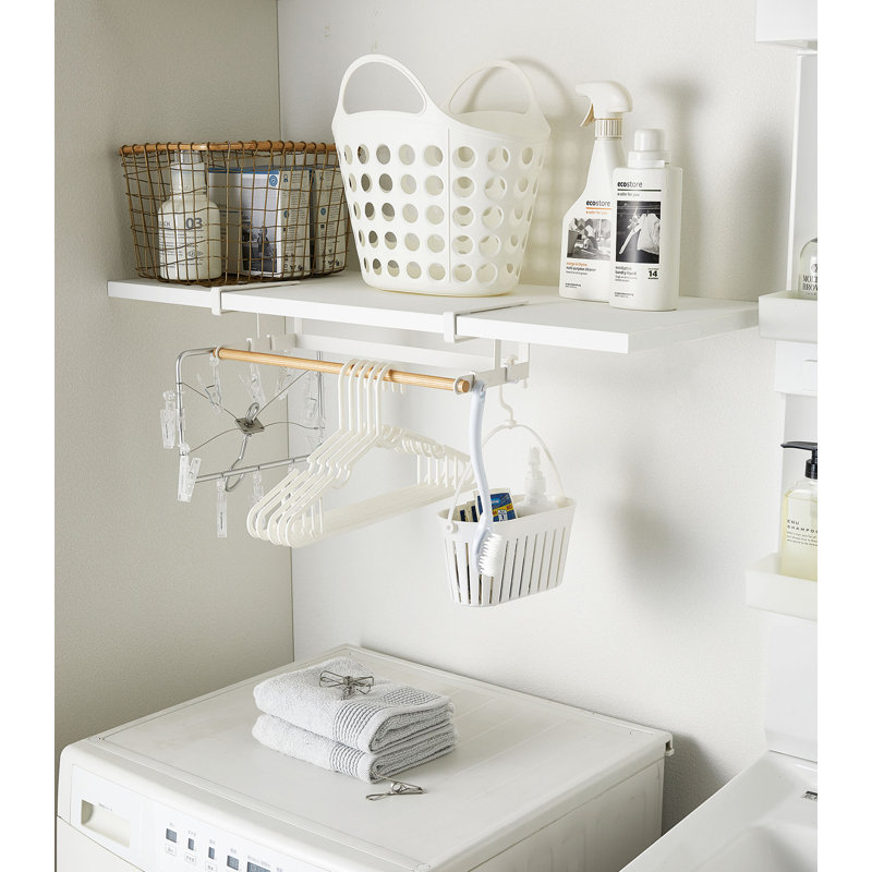 Compact Wooden Undershelf Laundry Organizer with Hanger Bar