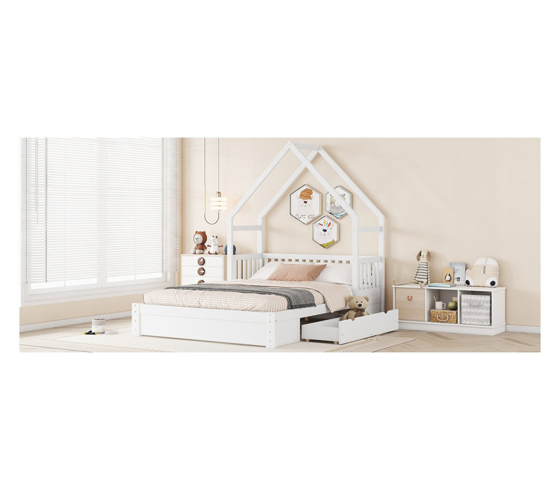 Lit plateforme grand en bois avec garde-corps et tiroirs de rangement, finition naturelle, Blanc