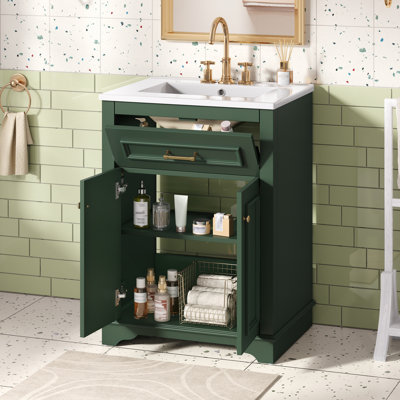  Meuble-lavabo 24 po avec lavabo en céramique intégré, armoire de rangement et compartiment inclinable, vert