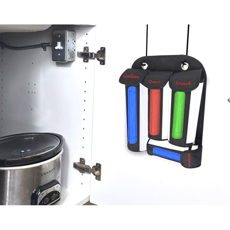 Organisateur de sac de rangement avec sangles autocollantes intégrées et crochets magnétiques;  - Tissu fabriqué avec du PVC transparent - Support à bagage pour armoire, garde-manger, réfrigérateur, tiroir; CONCEPTION UNIQUE; Convient aux grandes marques.