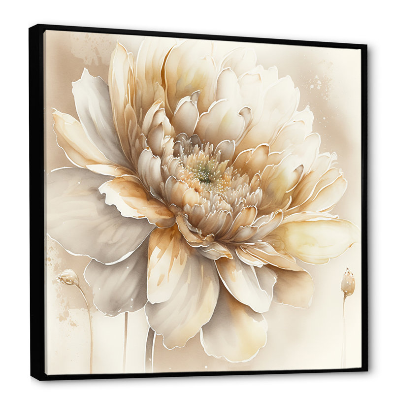 Simple fleur beige V - art mural sur toile floral et botanique, H 36 po x l 36 po x P 1,5 po, Cadre flottant noir