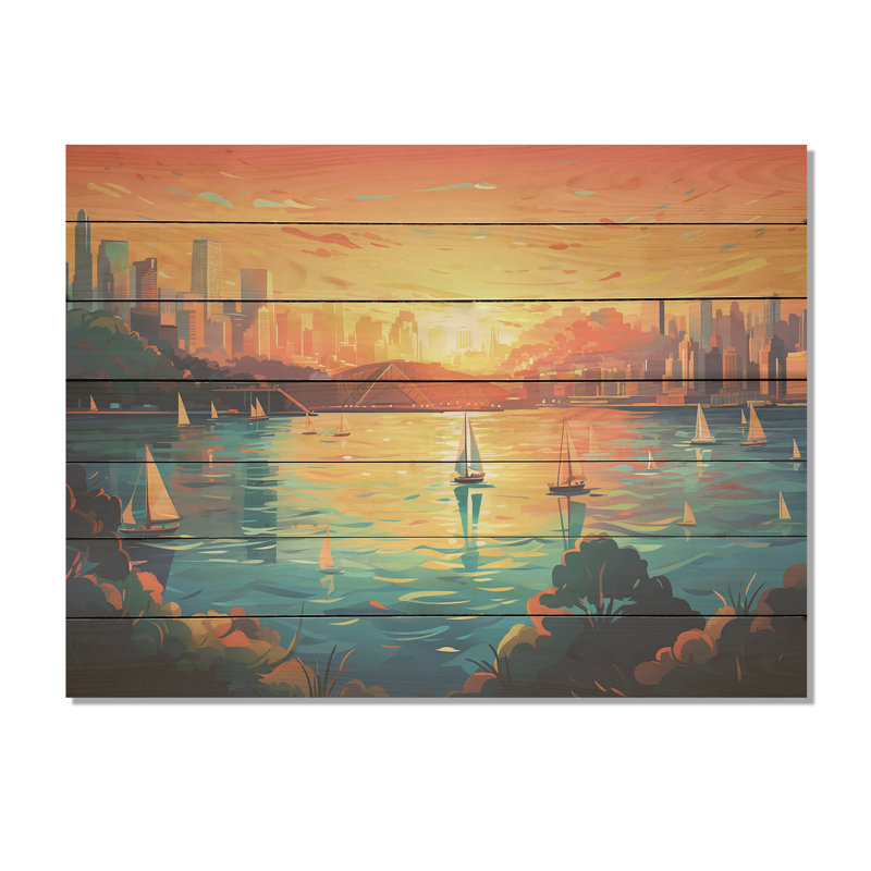 Sydney Harbour Sunset Coastlines I - Port Landscape Coastal On Wood Print, 30" H x 40" W x 0.78" D