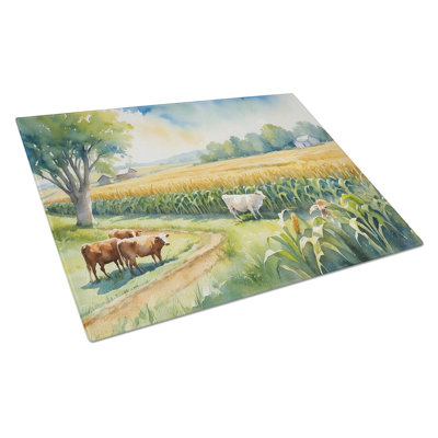 Cows by the Cornfield Glass Cutting Board