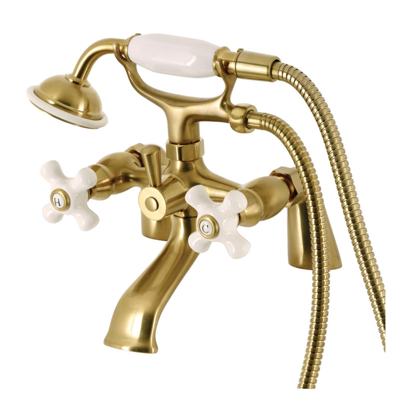 Kingston Brass Kingston Three-Handle 2-Hole Deck Mount Clawfoot Tub Faucet with Hand Shower, Brushed Brass
