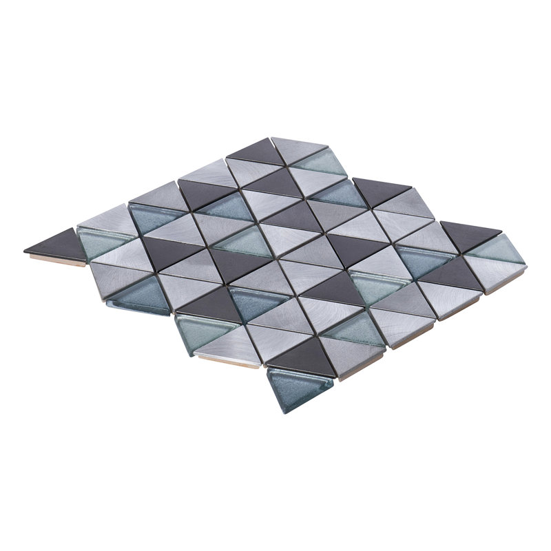Black Gray Modern Pattern Metal Aluminum Crystal Glass Blended Triangle Mosaic Sheet Tile By Modket, Gray/Metallic