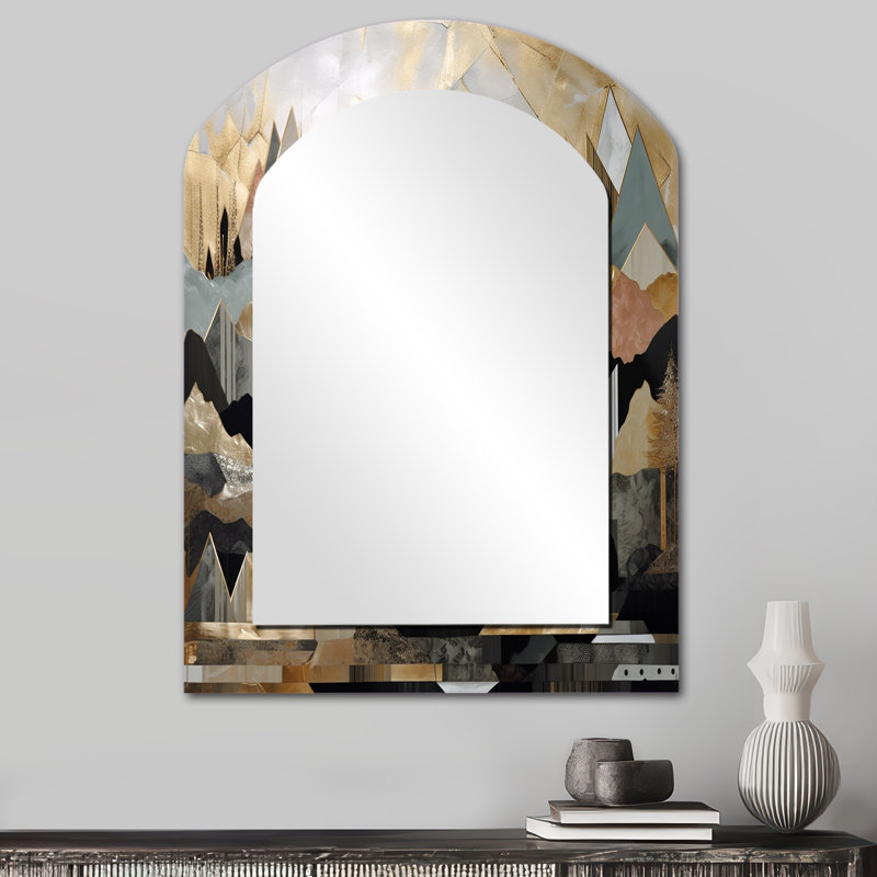 Gris et or géométrique Horizons I - miroir mural asymétrique City, miroir décoratif en arche grise, impression d'art en métal