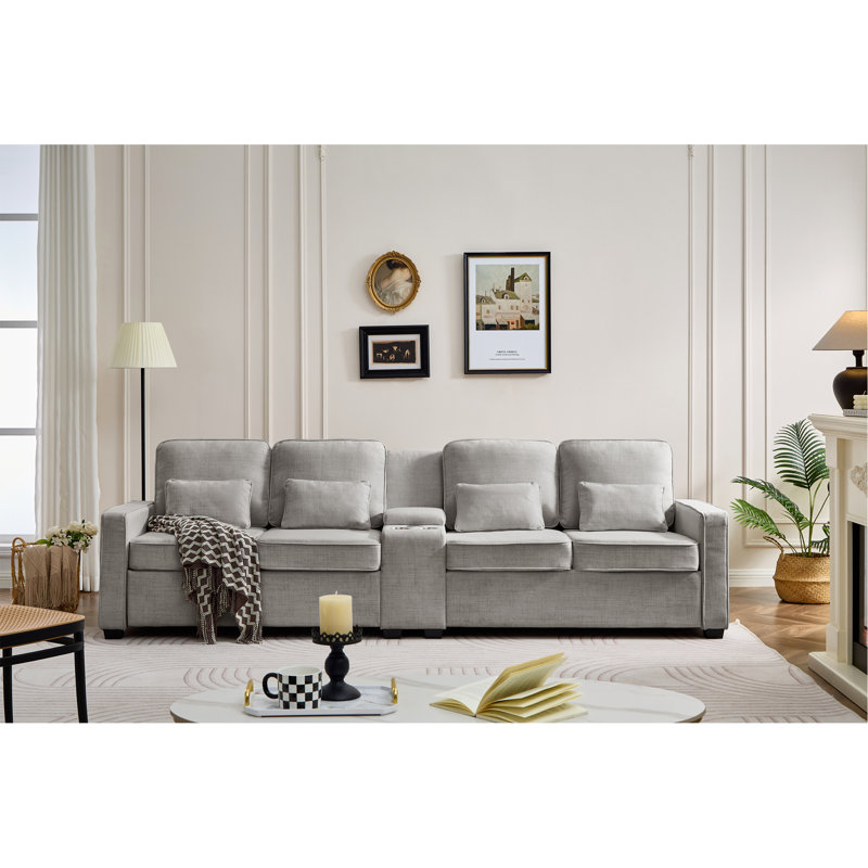 Canapé rembourré de 114 po avec console, 2 porte-gobelets et 3 ports USB câblés, canapé en tissu de lin moderne avec 4 coussins pour salon, appartement (4 places)