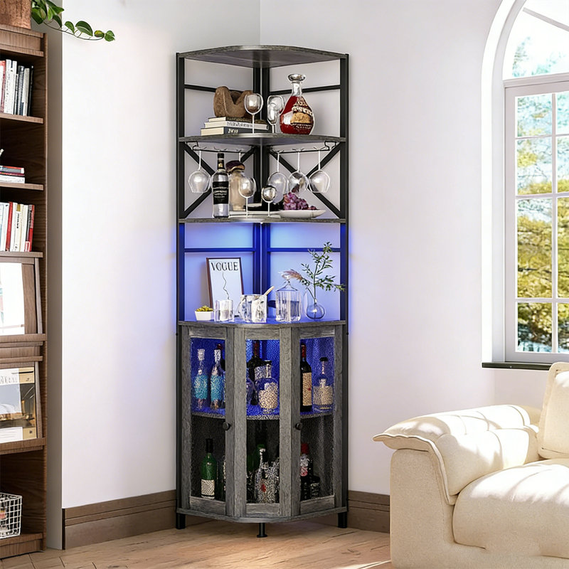71.1" Height Corner Bar Cabinet with Wine Storage, 6 Tier Corner Shelf with LED Strip & Glass Holder, Gray
