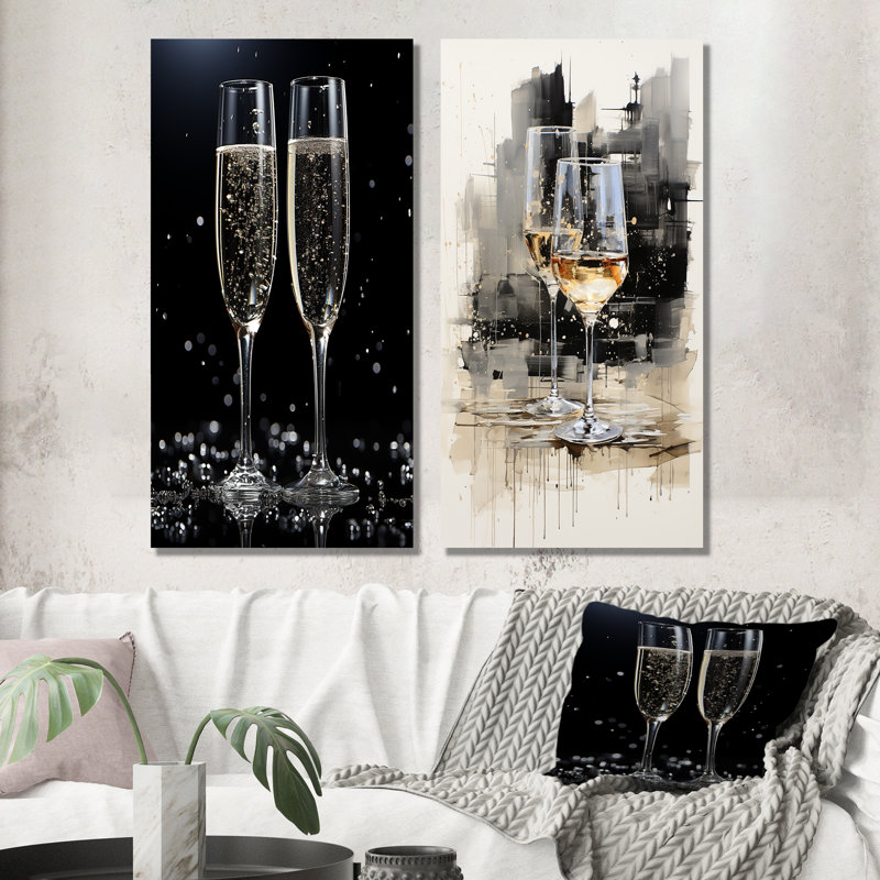 Verre à champagne noir et blanc Essence I - ensemble de 2 impressions sur toile champagne, Toile tendue, H 32 po x l 33 po