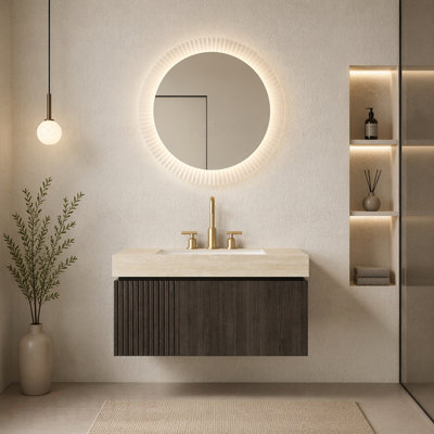 Meuble-lavabo de salle de bain, meuble de rangement flottant en contreplaqué avec tiroir et porte, comptoir en pierre frittée Roma Travertine et lavabo en céramique avec 3 trous de robinet pré-percés, pré-assemblé