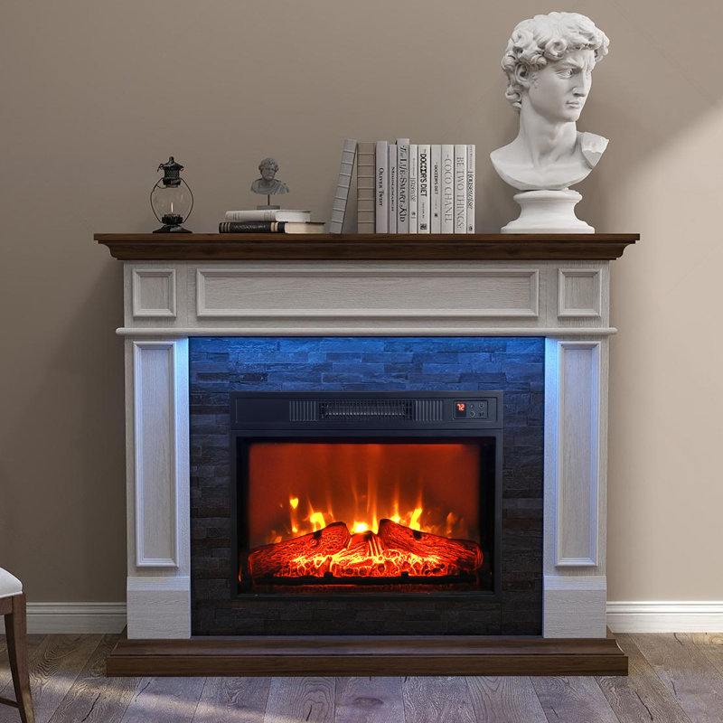 Ahmiah 44'' W White&brown Electric Fireplace & Mantel Package with 5000 BTU, White / Brown, 3DInfrared Black 3D