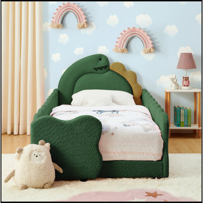 Twin Size Dinosaur-Shaped Kids Bed with Safety Guardrails, Solid Wood Frame, Boucle Fabric for Cozy and Safe Sleep