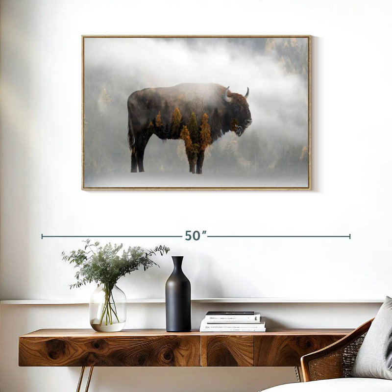 Bison de la forêt de pins, Cadre flottant en bois naturel, 37 po x 25 po