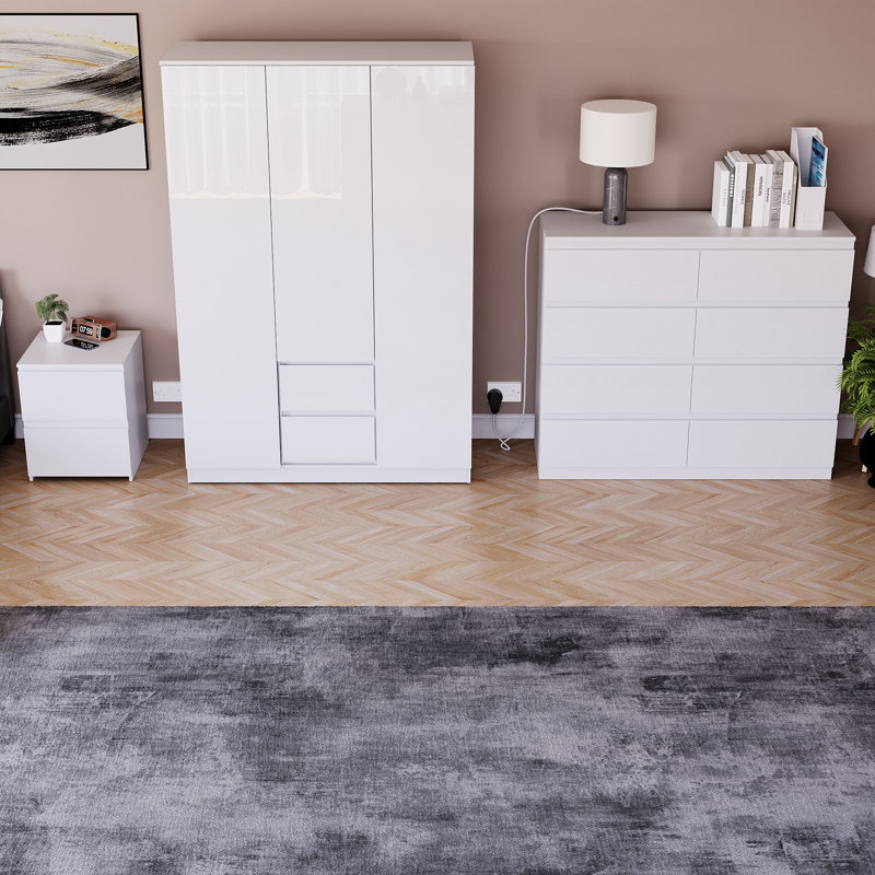 3 Piece Bedroom Set (2 Drawer Bedside Chest, 8 Drawer Chest, 3 Door 2 Drawer Wardrobe), (100% FSC), White