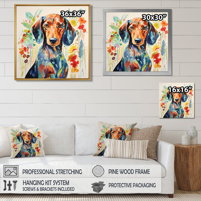 «Colorful Portrait of Endearing Dachshund - Dog Tachshund», art mural encadré, Toile avec cadre noir