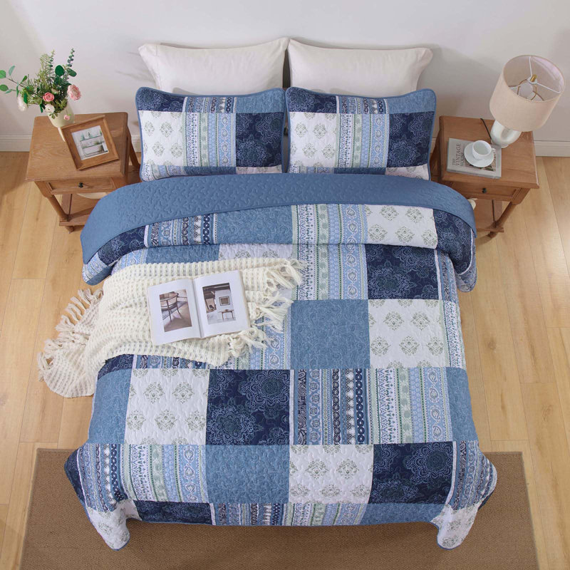 Ensemble de literie réversible 3 pièces Boho, Courtepointe de grande taille et 2 taies décorati, Patchwork bleu