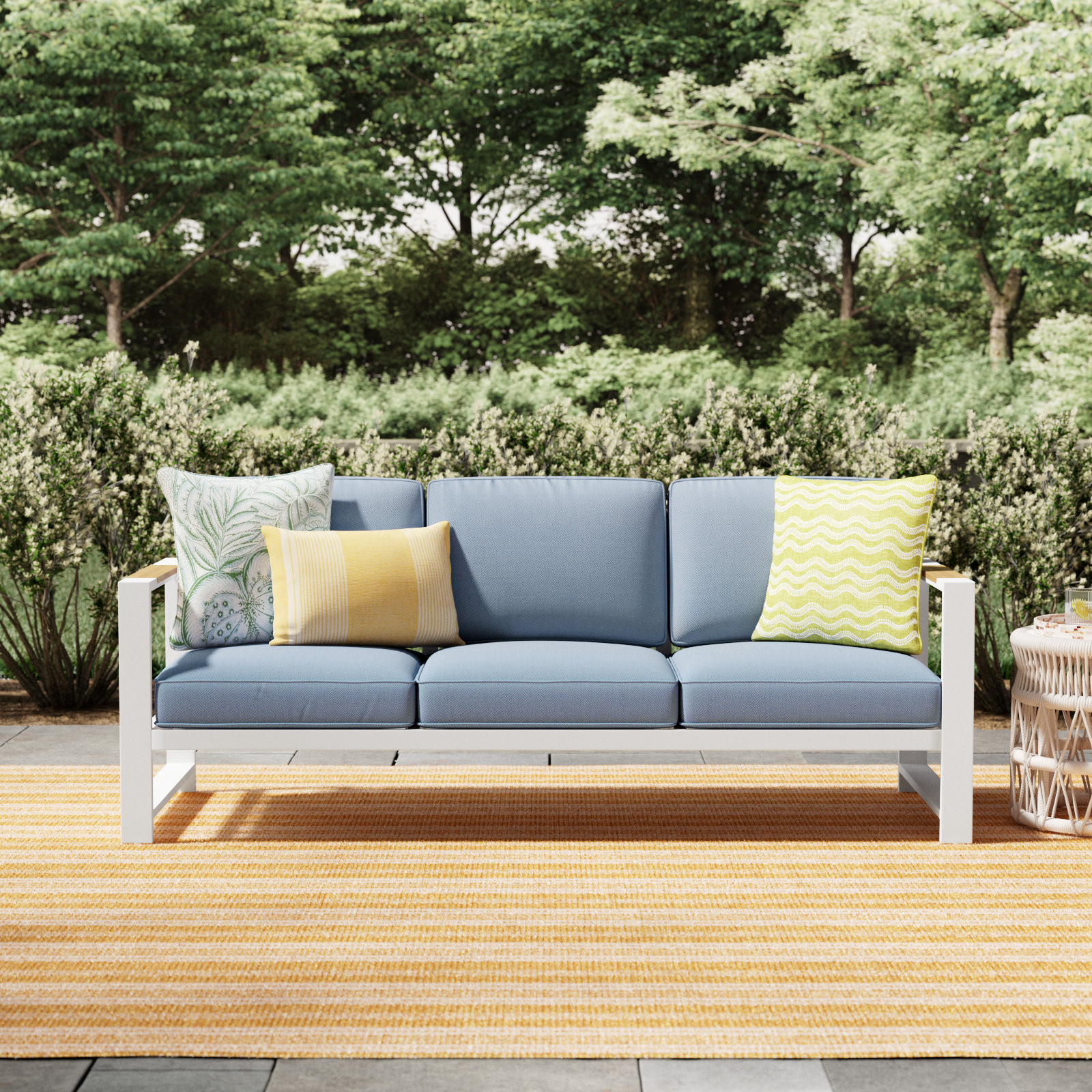 Jayton 81'' Wide Powder Coated Aluminum Patio Sofa with Cushions, White/Blue