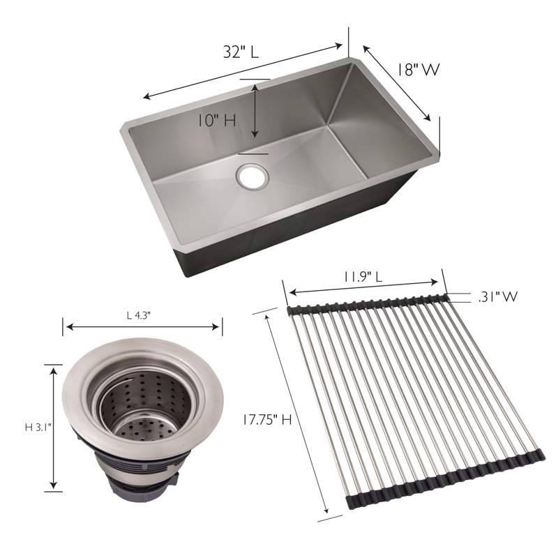32x18 Satin Stainless Steel Undermount Kitchen Sink with Accessories