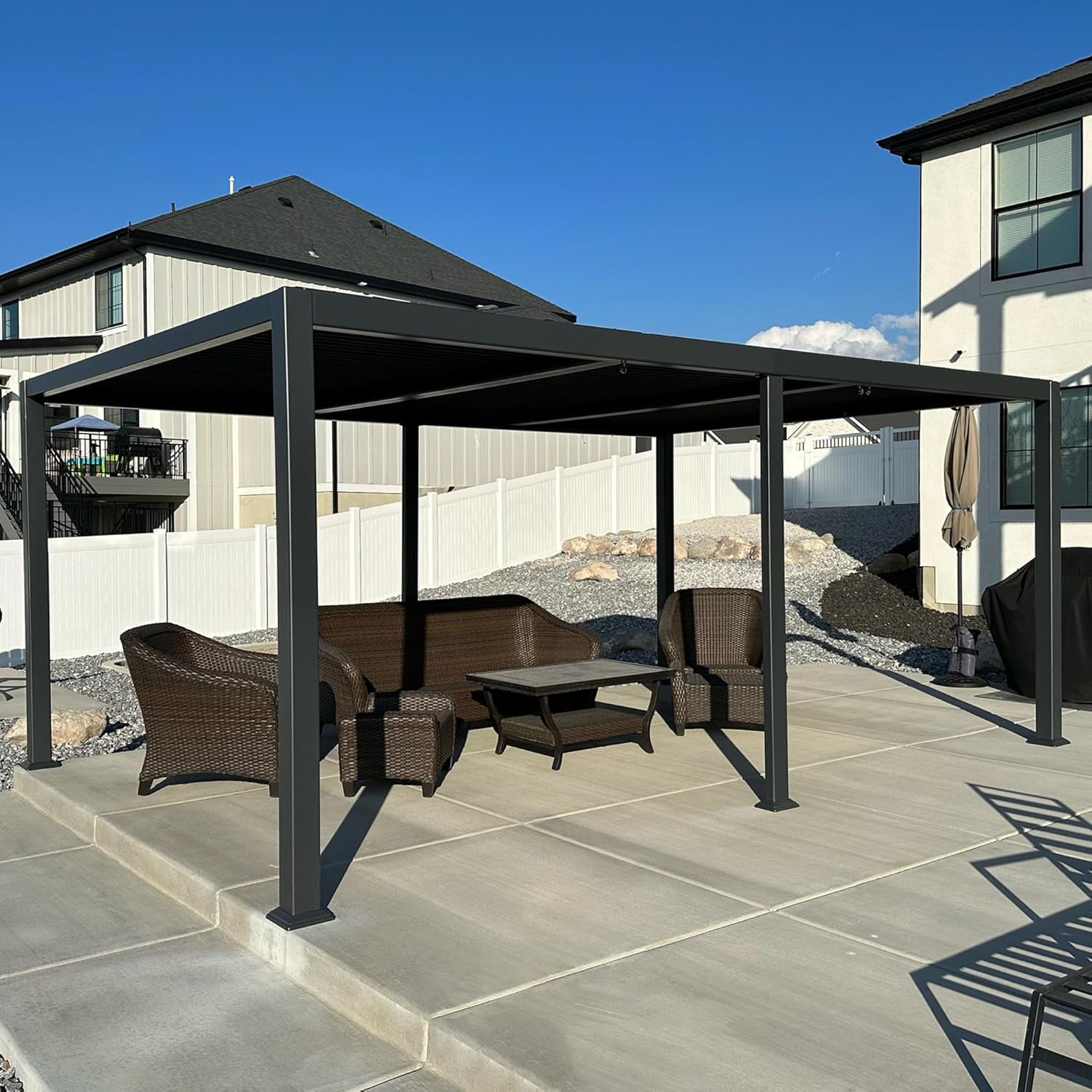 Aluminum Louvered Pergola, 92.58"H x 209.84"W x 137.2"D
