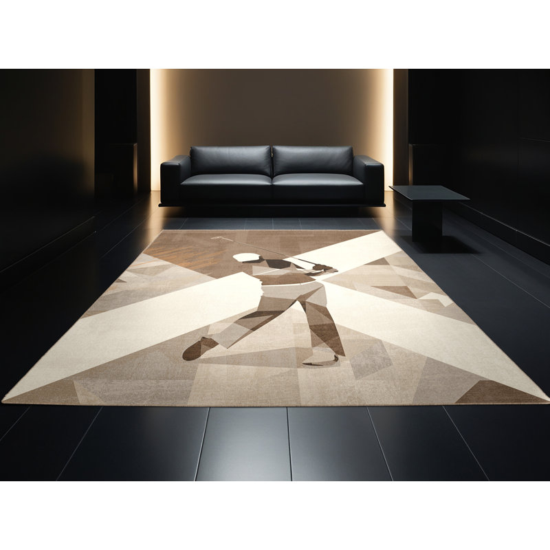Machine Washable Bracondale Golf Driving Shot Modern Geometric Rug in Brown – Beige Binding, 6x9