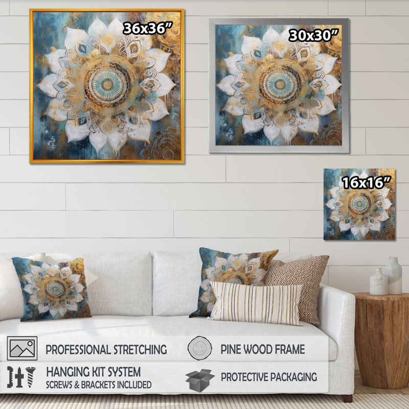 «White and Gold Mandala II - Boho Mandala», art mural sur toile, H 16 po x l 16 po, Cadre flottant noir