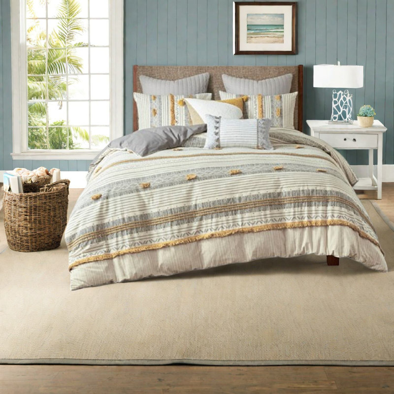 Ensembles de literie pour lit très grand en coton certifié, style pompon rayé pour maison moderne