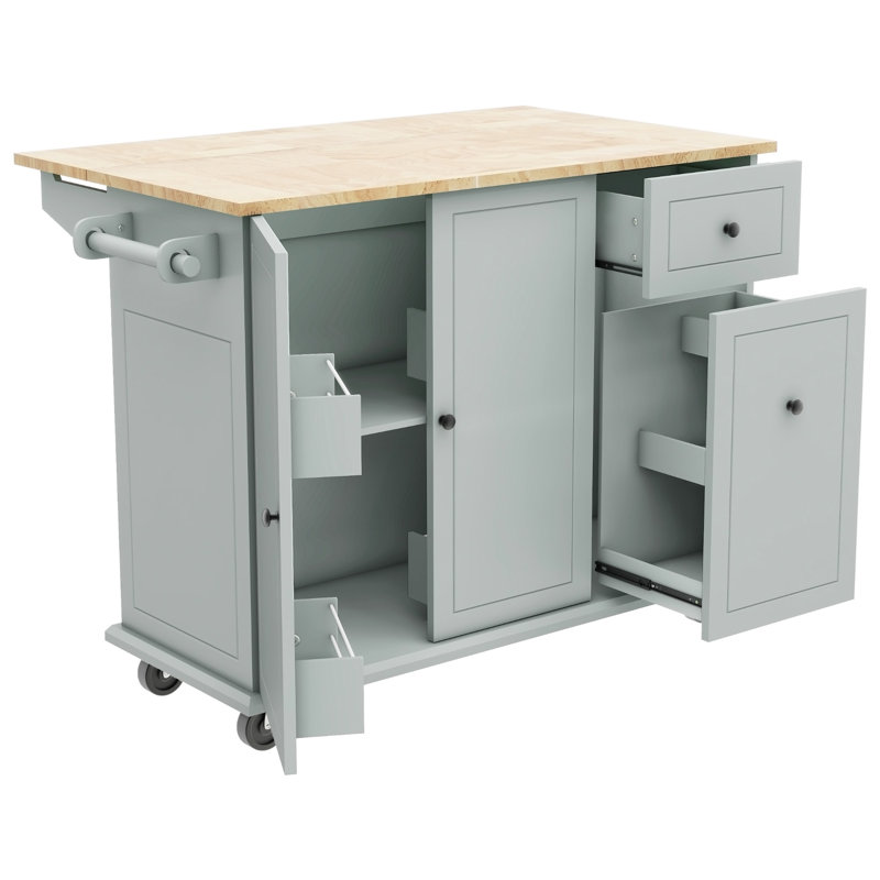 Îlot de cuisine avec abattant, chariot de cuisine sur roulettes de 53,9 po de largeur, Bleu