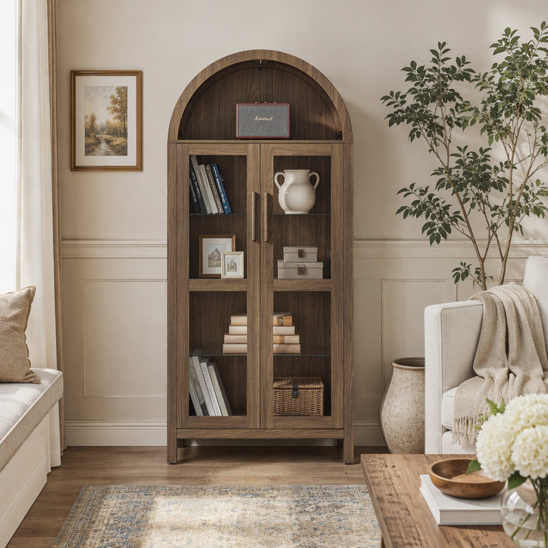 Armoire de rangement arquée moderne rétro avec lumière, vitrine en bois avec cloisons en verre réglables, armoire multifonctionnelle pour la cuisine et l'espace de vie