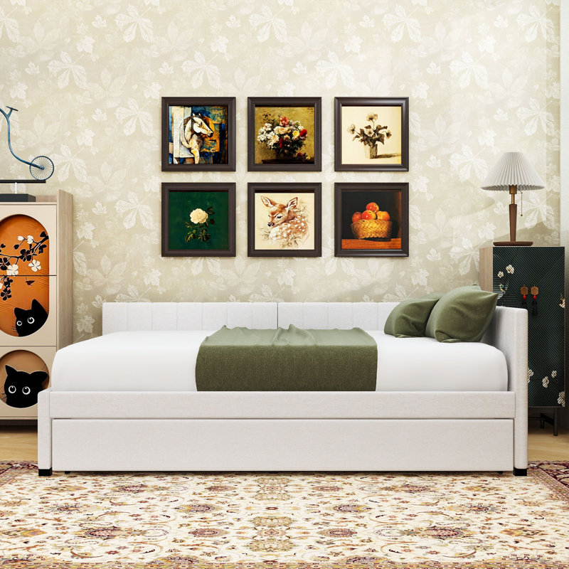 Linen Upholstered Daybed with Twin Trundle, Beige, Full / Double