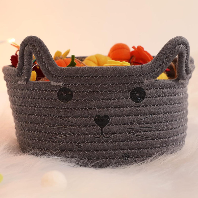 Cat Storage Basket Woven Organizer With Ears Decorative Pet Toy Cute Bin Cotton Rope Basket For Gift Cat Dog Toy Container Nursery Room