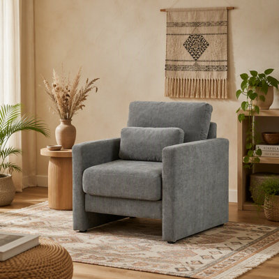 Fauteuil rembourré moderne en chenille avec structure en bois massif, idéal pour divers espaces de vie et de travail