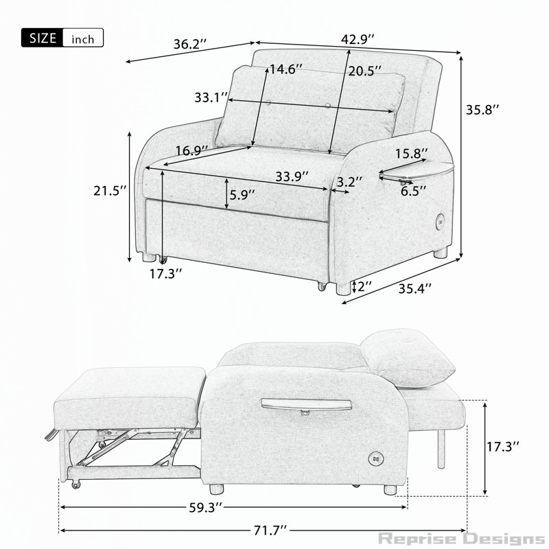 Canapé-lit escamotable 3 en 1 avec 2 tables à oreilles et charge USB pour le salon, Beige