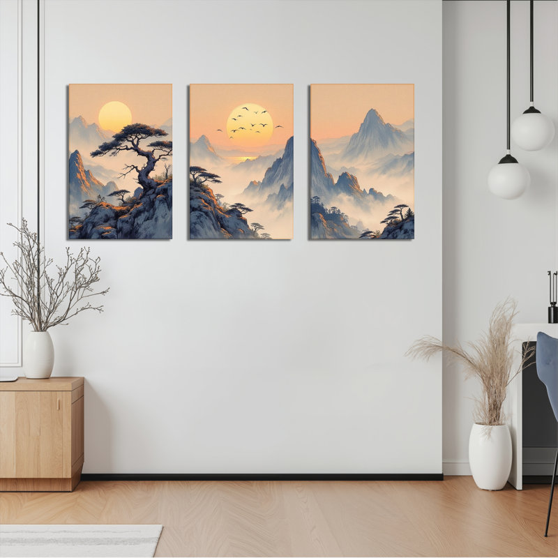 Tableau sur toile tendue représentant un coucher de soleil sur un paysage chinois (ensemble de 3), H 36 po x l 72 po