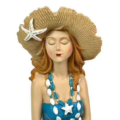 Coastal Sitting Beauty Resin Beach Girl Statue in Aegean Blue with Straw Hat, 7.75 Inches High