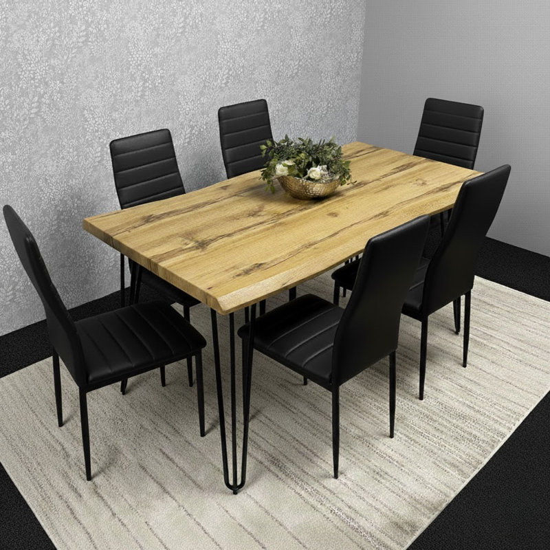 Modern Dining Table Set With 6 Faux Leather Chairs Dining Room Furniture, Black, 75cm H x 140cm W x 80cm D
