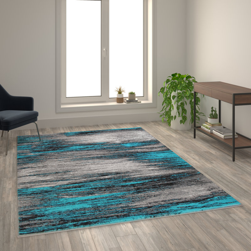 Tapis décoratif à motifs abstraits turquoise et gris Guelph, Rectangle 6 pi x 9 pi