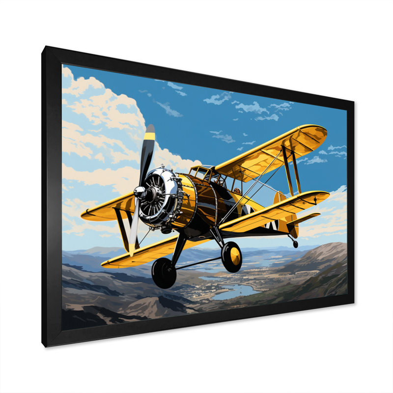 «Yellow Airoplane Over The Lake», reproduction d'art sur toile encadrée, H 12 po x l 20 po x P 1 po, Cadre simple noir
