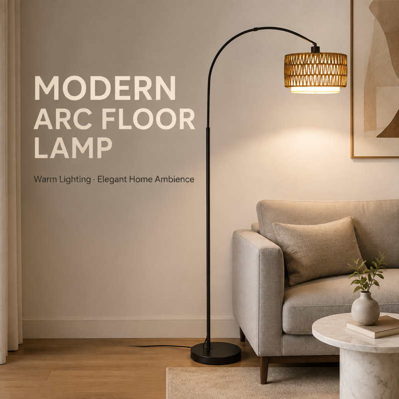 Lampadaire arqué en rotin de 168 cm, hauteur réglable, abat-jour tissé à la main et base en fer noir, style bohème, idéal pour le salon, la chambre ou un coin lecture. Ampoule incluse.