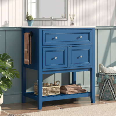 Meuble-lavabo 30 po avec lavabo en céramique bleu marine - Armoire de rangement autoportante avec tiroir basculant, 2 tiroirs et tablette à lattes ouverte, porte-serviettes latéral réversible, poignées argentées, panneau de fibres à densité moyenne
