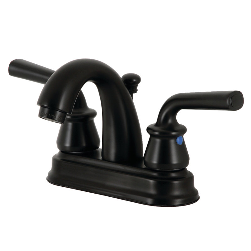 Kingston Brass Restoration Two-Handle 3-Hole Deck Mount 4" Centerset Bathroom Faucet with Plastic Pop-Up, Matte Black