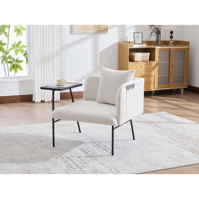 Confortable fauteuil de loisir rembourré avec petite table, pieds en métal et poches de rangement, Lin beige